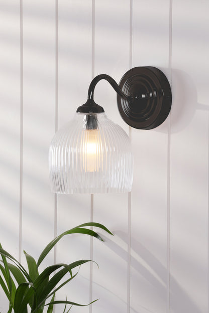 Laura Ashley Charissa Bathroom Wall Light Matt Black and Ribbed Glass IP44