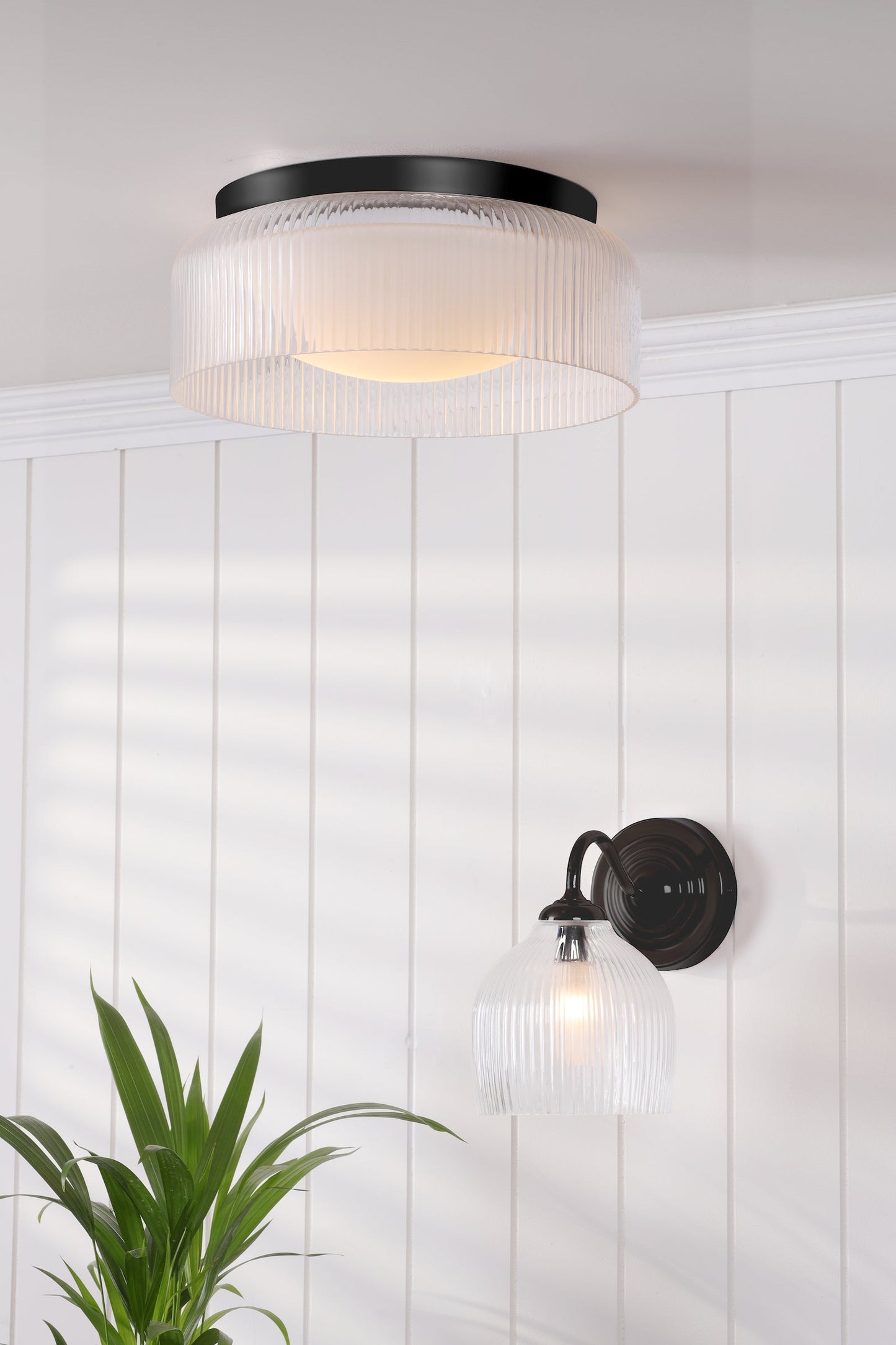 Laura Ashley Charissa Bathroom Wall Light Matt Black and Ribbed Glass IP44