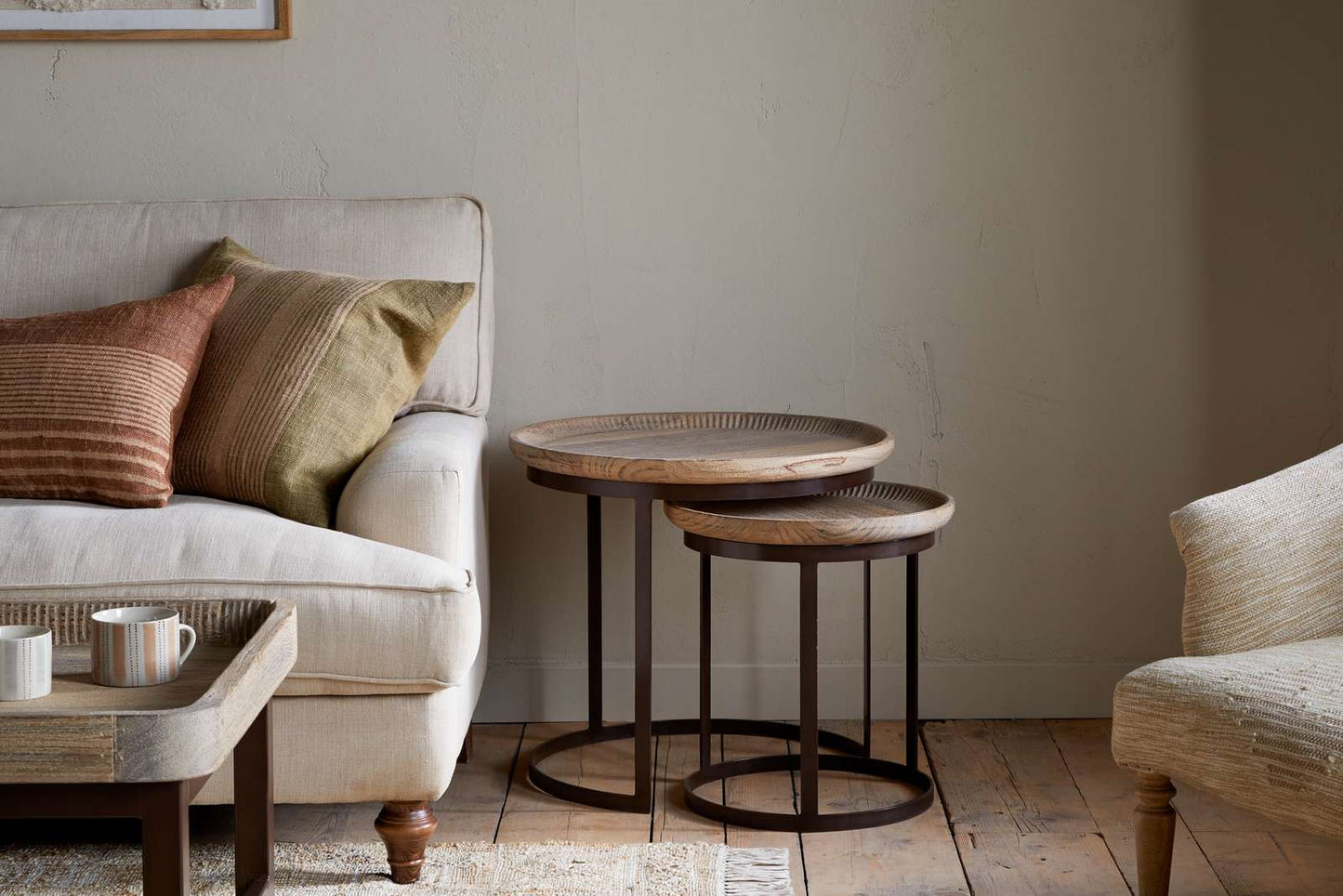 Nkuku Nisha Carved Reclaimed Wood & Iron Nesting Side Tables Natural