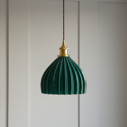 Soho Lighting Scallop Large Shell Pendant Emerald Green with Antique Brass Bulb holder and Brown Twisted Cable