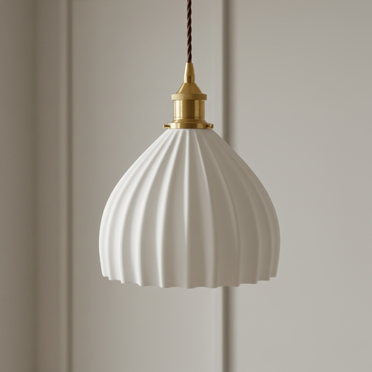 Soho Lighting Scallop Shell Large Pendant Surf White with Antique Brass Bulb holder and Brown Twisted Cable