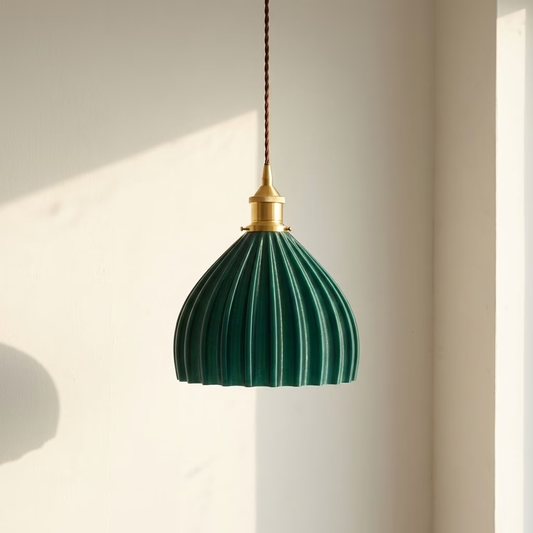 Soho Lighting Scallop Large Shell Pendant Emerald Green with Antique Brass Bulb holder and Brown Twisted Cable